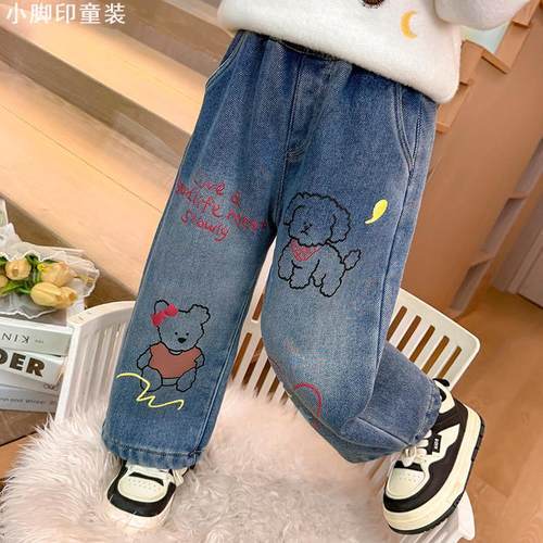 2025加绒牛仔裤秋冬季2025新款加厚冬款女宝宝儿童冬装一体绒裤子 - 图1