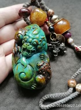 古玩FNW复古包浆铜五帝钱配饰绿松石雕刻水龙龙龟手把件貔貅山手