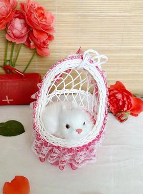 仿真花边吊篮猫咪小鸡兔子手工粘贴制作摆件毛绒送朋友情人同学礼