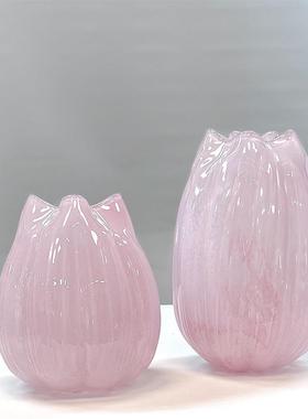 中古艺术复古粉色螺旋不规则玻璃花瓶摆件客厅透明插花水养装饰品