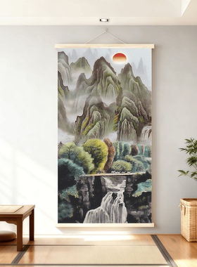 新中式山水实木挂轴装饰画客厅