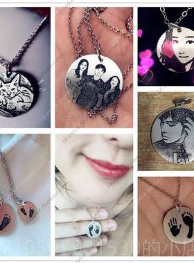 正品圆牌项链 锁定制刻圆字刻照片DIY图案纯银形男女情侣骨链七夕