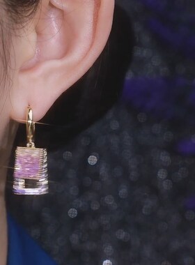 超仙紫色镶钻水晶长方形耳环女轻奢高级感百搭耳扣气质显脸瘦耳饰