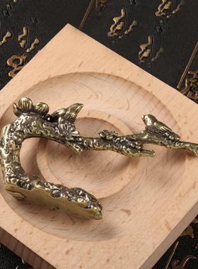 仿古铜实心黄铜喜上眉梢笔架小摆件喜鹊登梅古玩铜雕件铜器手把件