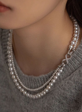 双层叠戴母贝珍珠项链女秋冬不掉色百搭毛衣链高级感串珠颈链饰品
