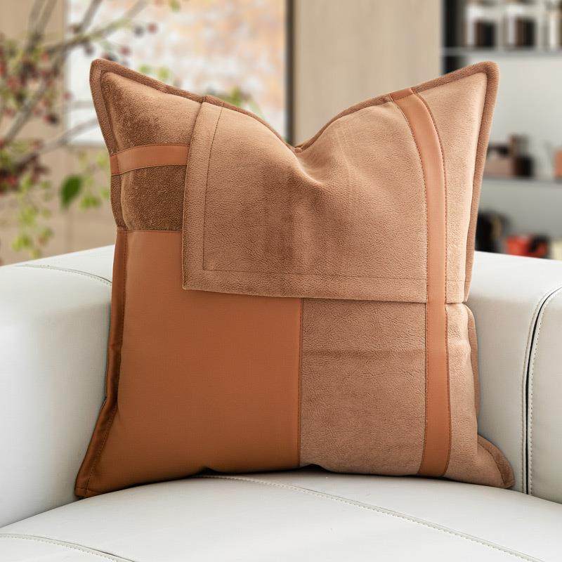 轻奢样板间客厅沙发装饰抱枕套橘咖色绒面拼贴PU皮革软装设计师款,淘宝优惠券,粉丝福利购,淘宝优惠卷