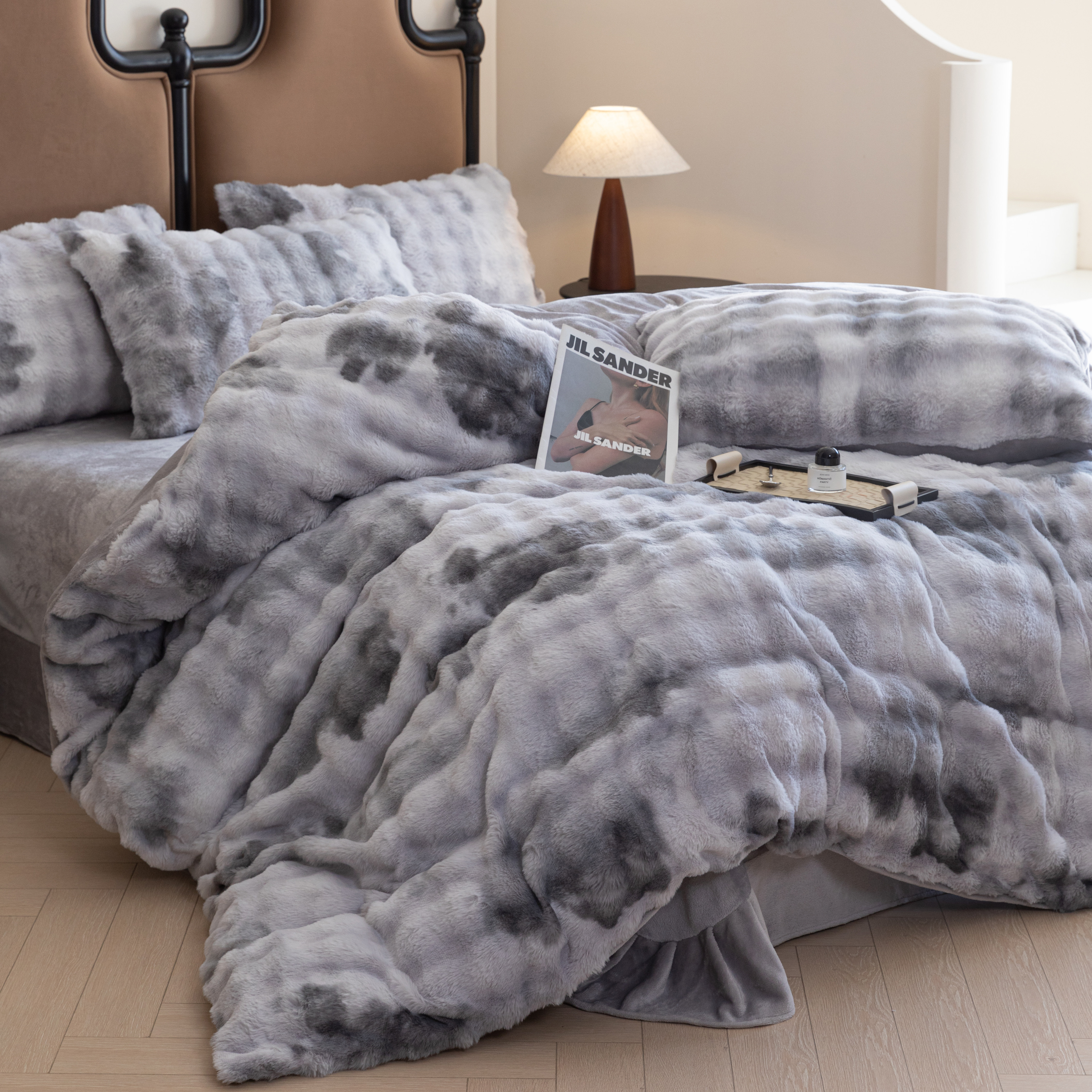 无印独白冬季兔绒雕花绒AB面四件套床单双人被套加厚四件套F