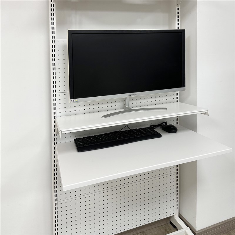 Perforated board bookshelf floating tabletop
