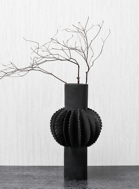 现代简约黑白陶瓷干插花器客厅电视柜餐桌装饰摆件砖红色百叶花瓶