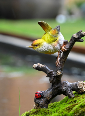 创意小鸟摆件可爱仿真动物翠鸟站树枝花园盆景装饰树脂工艺品摆设