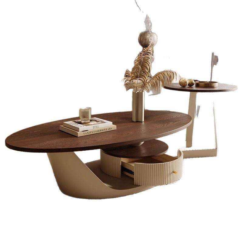 椭圆形轻奢实木层板岩板茶几组合中古风新款家用客厅小户型奶油风,淘宝优惠券,粉丝福利购,淘宝优惠卷