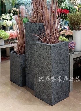 方形磨砂粗砂岩深灰色玻璃钢落地大花瓶商场酒店办公装饰花器花盆