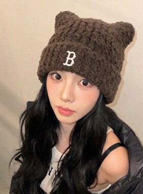 MLB官方猫耳针织毛线帽女保暖