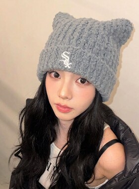 MLB女款冬季加厚保暖针织猫耳帽