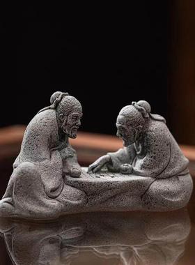 老者对弈老人下棋鱼缸造景园艺花卉假山盆景摆件复古桌面创意装饰