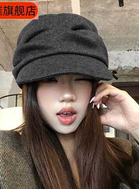 日系山本风黑色褶皱贝雷帽女显脸