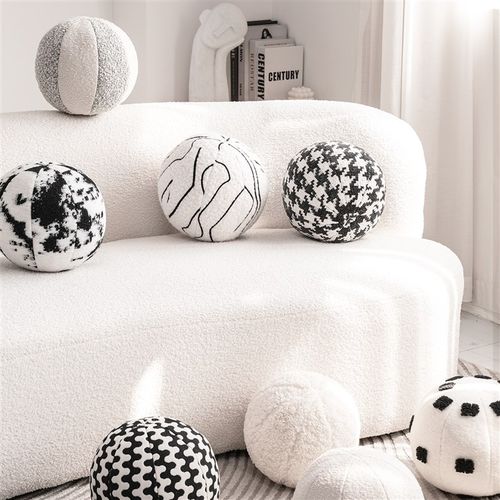 柏洛斯现代简约圆形装饰球棉麻样板间沙发配抱枕客厅高级感奶油风 - 图0