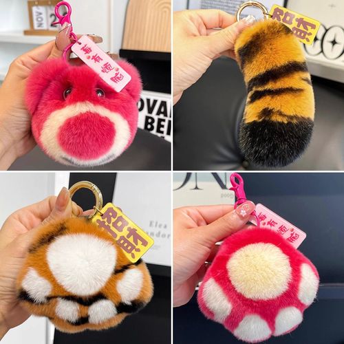 獭兔毛包包挂件毛绒草莓公仔熊虎爪车钥匙扣挂饰老虎尾巴礼物 - 图0