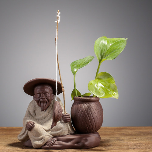 宇轩 紫砂茶宠渔翁垂钓花器摆件客厅陶瓷鱼缸造景可养姜太公钓鱼 - 图3