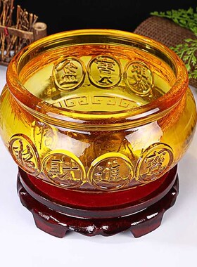 琉璃聚宝盆摆件鱼缸造景黄水晶琉璃元宝开业乔迁礼品客厅家居装饰