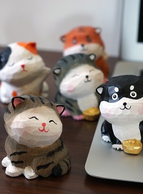 元宝招财萌宠手工木雕小摆件柴犬猫咪木质创意治愈桌面装饰品