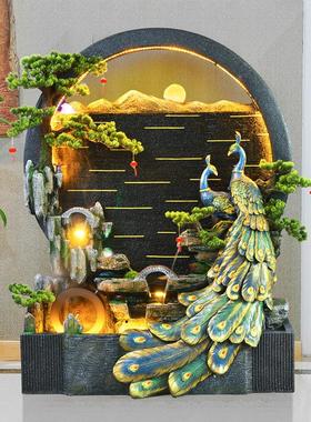 假山流水喷泉水幕墙中式孔雀屏风庭院造景装饰风水轮招财落地摆件