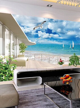 3D立体墙纸海景沙滩风景画自粘墙贴画客厅卧室背景墙壁纸装饰壁画