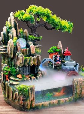 后裔小桥假山流水摆件带鱼缸客厅桌面工艺品树摆件一件代销8002