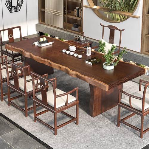 新中式实木茶桌茶台仿古功夫泡茶桌椅组合办公室实木大板桌大班台 - 图0