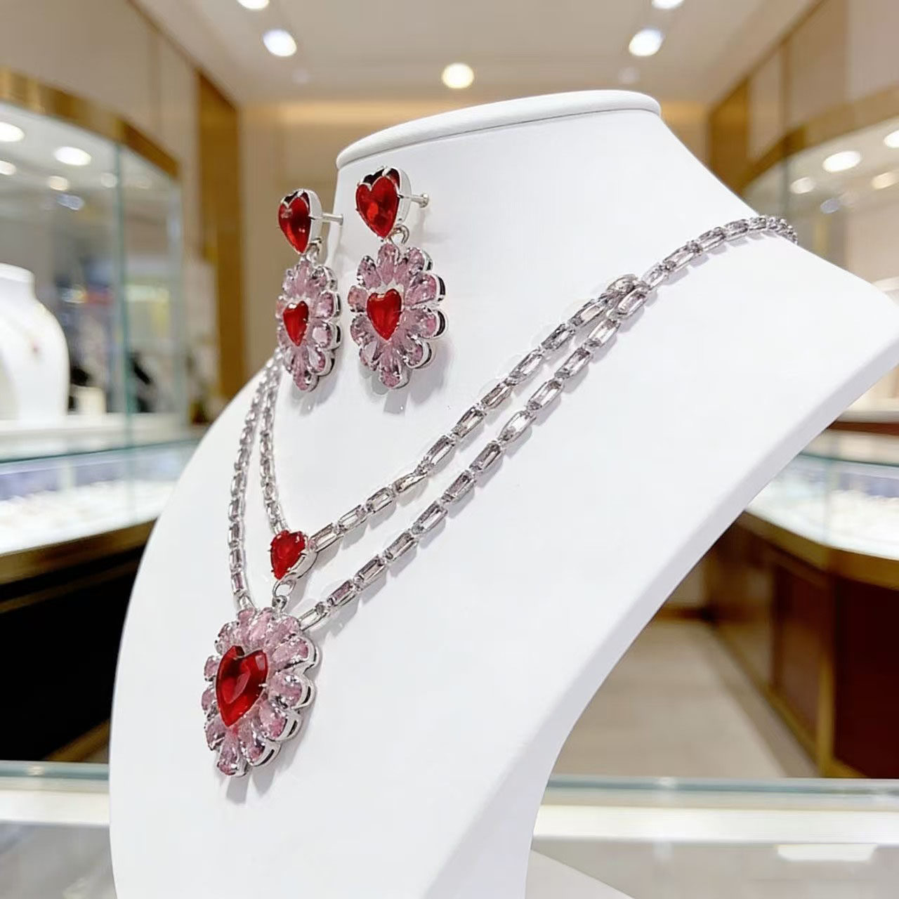 红爱心锆石首饰套装女 婚礼宴会婚纱配饰心形水晶项链耳环套饰,淘宝优惠券,粉丝福利购,淘宝优惠卷