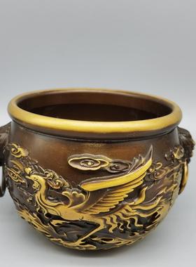 仿古做旧黄铜鎏金龙凤虎头缸复古中式客厅书房摆件工艺品