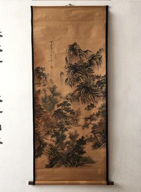 中堂画古玩字画仿古做旧客厅装饰画大千新国画卷轴画山水鸿运当头