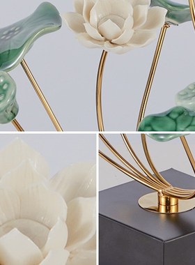 荷花荷叶陶瓷金属摆件装饰品工艺礼品摆饰电视柜玄关酒柜家居新中