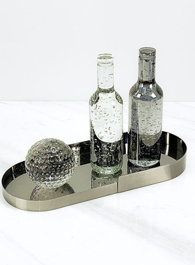 现代简约欧式轻奢金属椭圆托盘金色G黑钛色样板房售楼处软装饰品