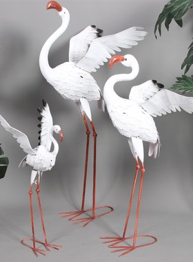 铁艺白鹤三件套火烈鸟摆件商场橱窗美陈露台花园布置婚庆舞台道具