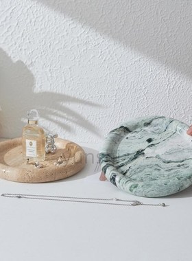 天然大理石圆形托盘梳妆台置物盘酒店香薰托盘样板间装饰软装摆件