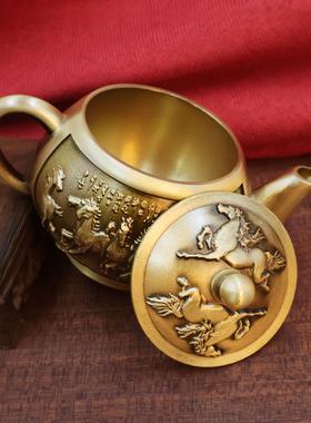 黄铜八骏马手把壶摆件小茶壶黄铜茶壶工艺品茶具仿古侧把酒壶家用