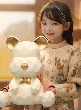 开学季儿童法式奶白色几何暴力熊存钱罐 新款现代储蓄 装饰储钱罐