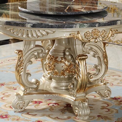 欧式实木雕花餐桌高档大理石餐桌椅圆饭桌1.3 1.5米香槟金餐厅家 - 图0