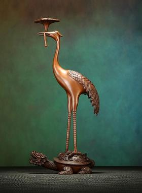 紫铜灵芝龟鹤落地摆件家居办公室铜鹤工艺品客厅公司装饰摆设手工