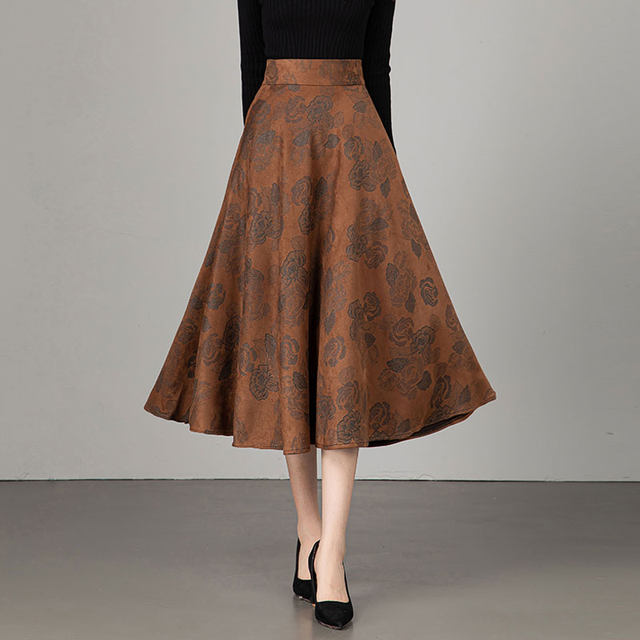 Printed skirt for women 2025 spring and autumn new style small high-waisted large-swing A-line skirt mid-length fashionable umbrella skirt