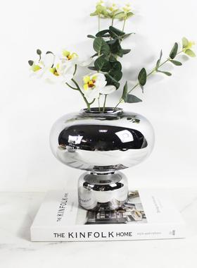 现代简约电镀银色彩色蓝色玻璃花瓶样板间售楼处餐桌花器玄关摆件