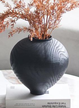 中古侘寂仿碳化木纹花瓶摆件复古仿真花艺盆景插花花器样板间饰品