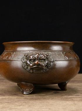 双狮头黄铜香炉 紫铜色盘香炉带底双耳狮铜香炉 古铜器