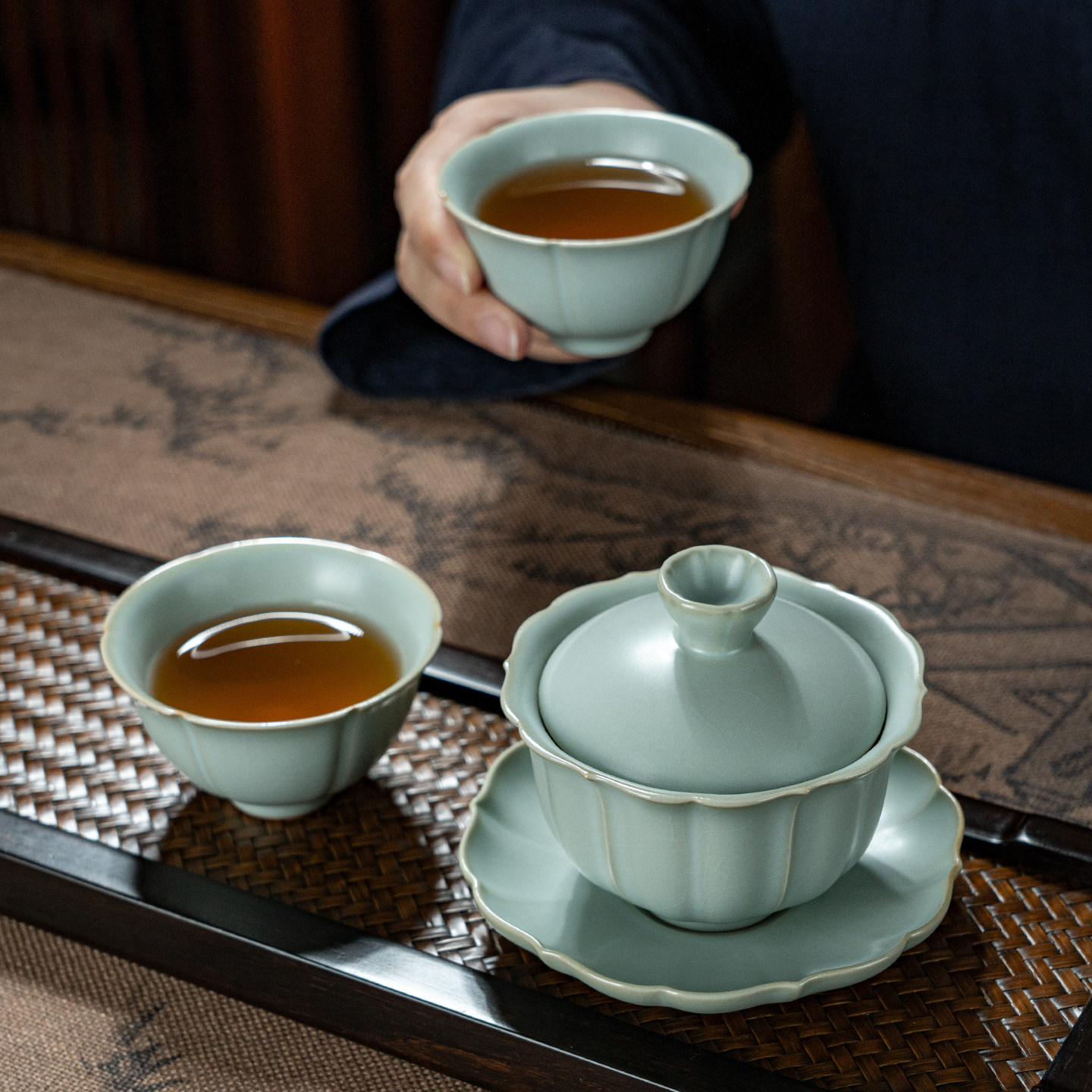 青澹汝窑盖碗套装小号泡茶碗景德镇功夫茶具套组陶瓷复古汝瓷送礼,淘宝优惠券,粉丝福利购,淘宝优惠卷