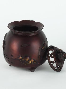 纯黄铜戏鼠香炉摆件创意新中式家居玄关桌面生肖鼠铜香炉装饰礼品