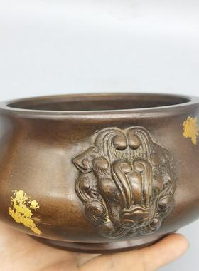 仿古铜点金大兽耳炉家居客厅摆件黄铜熏香炉铜香炉摆设工艺品