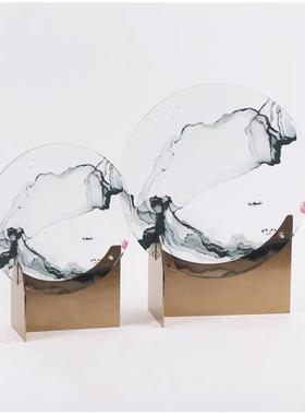 中式金属亚克力水墨装饰摆件新中式样板间客厅柜书房酒柜屏风摆设