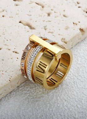 Three Layers Roman Numerals Ring for Women Luxury Stainless