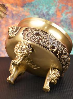 宏达 全黄铜浮雕双龙戏珠供奉三足熏香炉铜器摆件